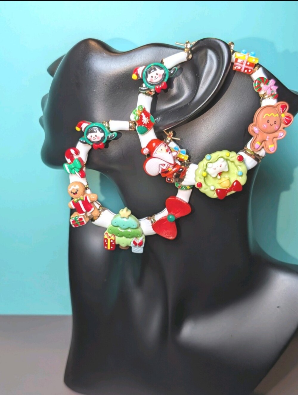 Hand Crafted Christmas Charm Medium Hoop Earrings in Red, Green, White & Gold